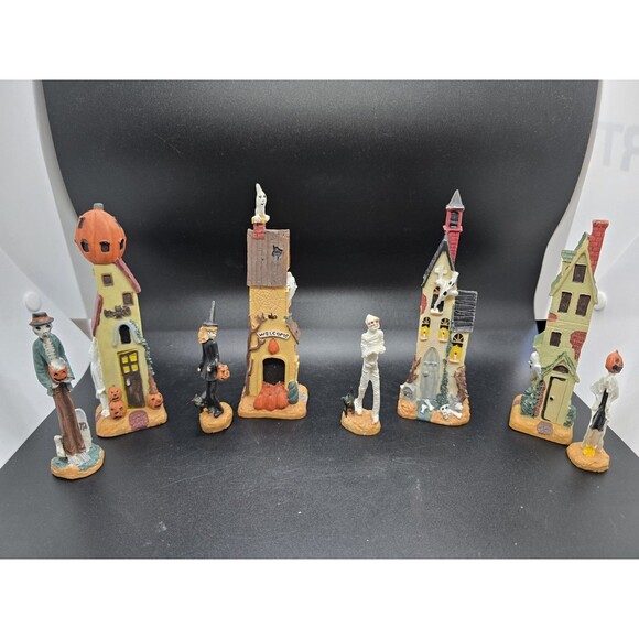 Vtg Halloween Village Rare Set  Poly Resin 3.5"/6.5" Skinny 4 Houses 4 Figures - Picture 16 of 16